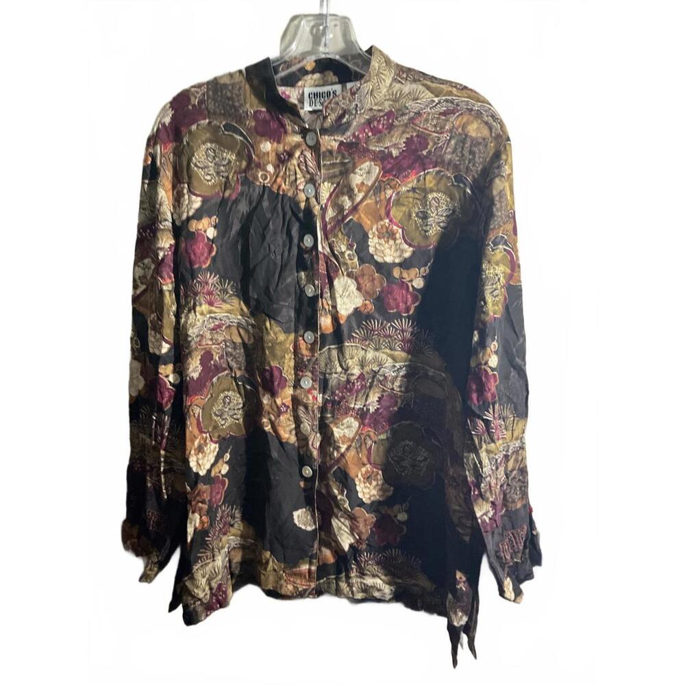 Vintage Chico's Design Women's Silk Floral Button-Up Blouse